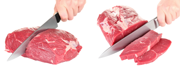 Close Up Of A Hand Cutting Raw Red Meat With Sharp Silver Knife Isolated On Transparent Background Showing Texture And Detail For Food Preparation
