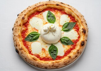 Delicious pizza topped with burrata cheese and fresh basil leaves on a white plate.