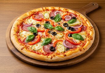 Delicious pizza with various toppings on a wooden serving board.