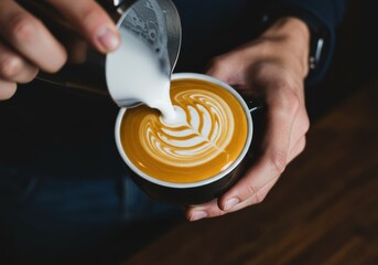 Latte art being poured into a cup of coffee