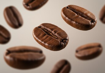Floating coffee beans against a neutral background