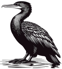 Detailed cormorant illustration isolated on transparent background, showcasing intricate feather patterns and a sleek, powerful form in a black and white design
