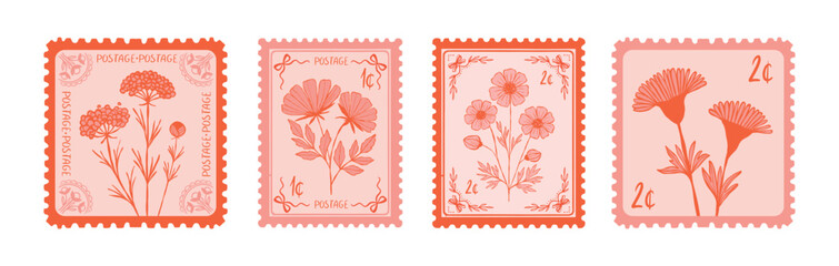 Vintage Coquette Floral Postage Stamp Set. Retro girly stamp collection, decorative vintage postcard, botanical floral design, nostalgic postal art, scrapbook embellishment, pastel aesthetic art