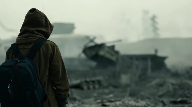 Two dirty survivors after nuclear war in dirty clothes stands in the middle of a bombed-out street. Amid rubble, two dirty survivors brace themselves for whatever comes next after the blast.