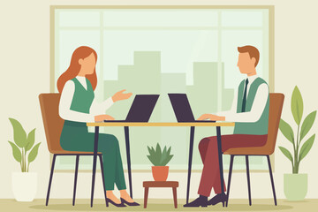 Modern Office Collaboration &ndash; Professionals Working on Laptops with Cityscape

Business Meeting Illustration &ndash; Teamwork in Contemporary Workspace

Corporate Work Environment Vector &ndash; Office Setup with
