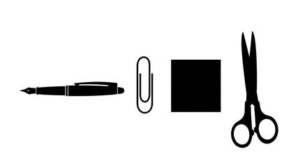 Minimalist Black Office Stationery Icons Isolated on White Background. Pen, Paperclip, Notebook, Scissors.