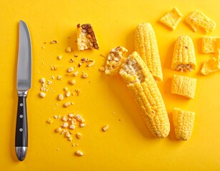 Corn kernels scattered on a yellow surface