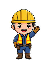 Cute Cartoon Construction Worker Waving png clear alpha channel cutout isolated on transparent background
