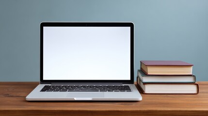 Fototapeta premium Modern Laptop on Wooden Desk Next to Stack of Colorful Books Against a Soft Blue Background, Perfect for Education, Study, and Remote Work Themes