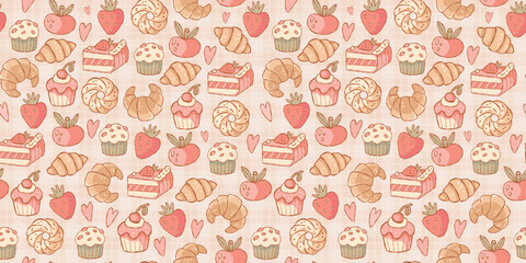 Cute Doodle Dessert Seamless Pattern on pastel background. Modern design in vector. Great for kids fabric, kitchen textiles