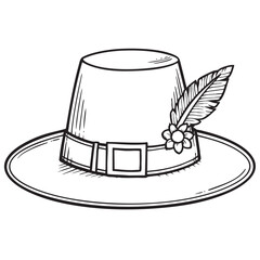 Pilgrim hat sketch with a feather and buckle on band.