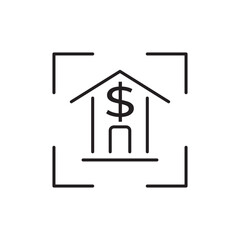 Editable stroke line icon of a house with a dollar sign in a frame, symbolizing real estate investment, property value, or home finance. Perfect for apps, websites, and infographics.