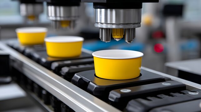 Industrial robotic arms performing an automated manufacturing process, with yellow containers on a conveyor belt system.