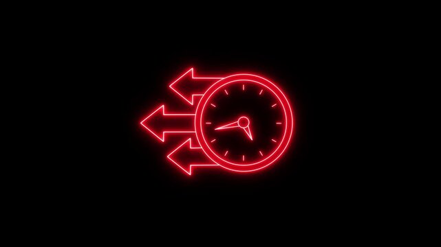 Neon clock with arrows indicating on black background animation. Clock Icon with left side Arrows Symbolizing Time Distribution and Options. neon clock symbolizing 24 hour service seamlessly. 