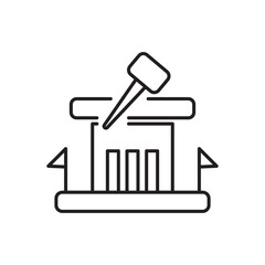 Editable stroke line icon of a podium with a gavel and rising bars flanked by flags, symbolizing financial success, business leadership, or economic growth. Ideal for apps, websites, and infographics.