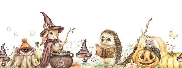 Wizard school watercolor seamless border with sorcerer bunny, hedgehog with book, cute spider, bat, autumn pumpkins, vintage cauldron, witch broom. Hand drawn Halloween illustration isolated on white.
