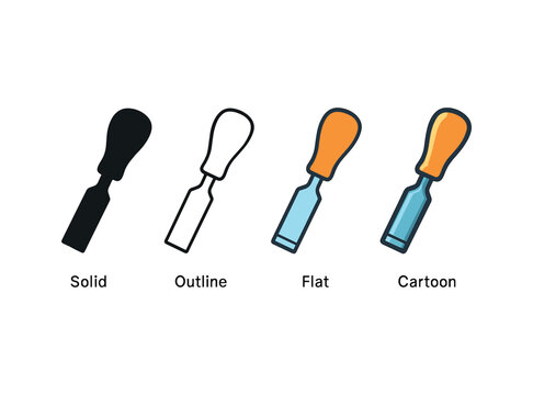 Vector icon chisel four styles black solid glyph outline minimal flat multicolor filled cartoon flat shaded.