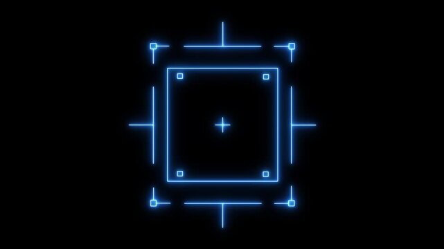 Loop in of formation of square radar display with target in sight in center on a black background Target searching scope and scanning element theme. neon Hud square target futuristic animation.