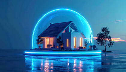 Futuristic 3d house model protected by glowing blue security dome with minimal background and copy space for text