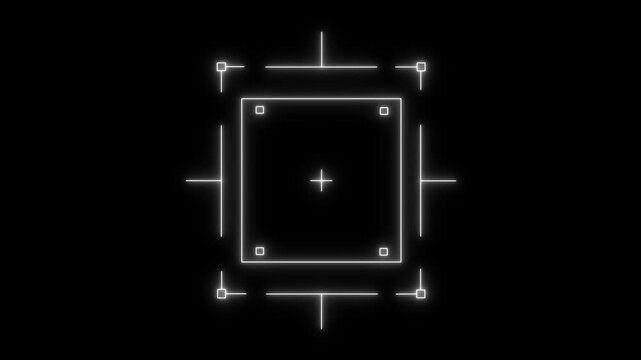 Loop in of formation of square radar display with target in sight in center on a black background Target searching scope and scanning element theme. neon Hud square target futuristic animation.