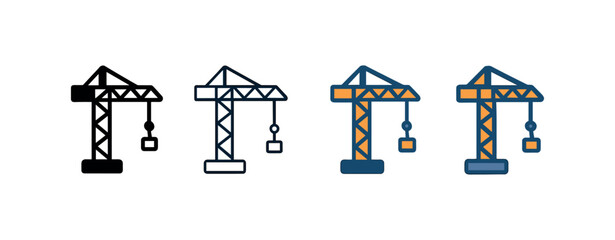 Vector icon construction crane four styles black solid glyph outline minimal flat multicolor filled cartoon flat shaded.