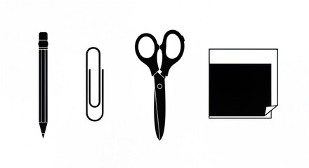 Essential Office Stationery Icons Vector Set. Minimalist Black Silhouettes on White Background.