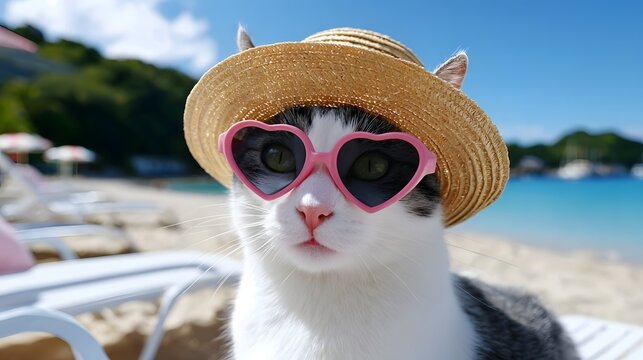 A playful and stylish domestic cat lounging on a beach chair, wearing a straw hat and heart-shaped sunglasses, enjoying the tropical ocean view and serene atmosphere - Powered by Adobe