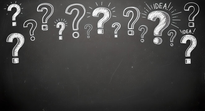 Question Marks Chalk Drawing Black Board Background Copy Space