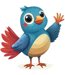Cheerful blue bird waving its wing, isolated on transparent background the cartoon bird has a red wing, orange hand, and a cute face with big eyes and a smile