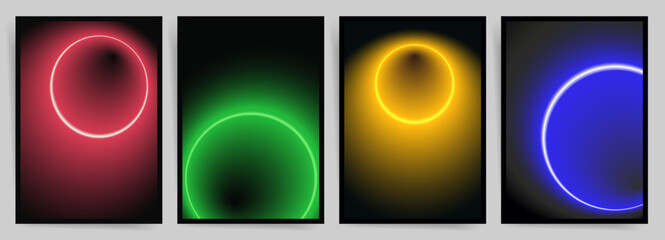 Neon Eclipse Ring Gradient Poster Set. Glowing Circle Halo Covers in Red Green Yellow Blue
