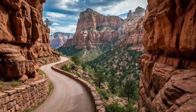 Winding road through dramatic red rock landscape in Zion National Park  