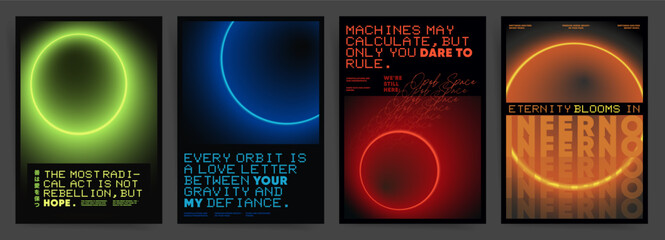 Cyberpunk Circle Glow Dark Poster Templates with Techno Type. Neon Orbital Gradient Layouts