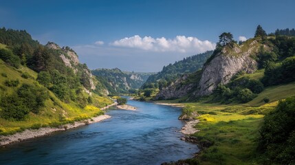 Serene River Flowing Through Lush Green Valleys Surrounded by Majestic Rocky Cliffs Under a Clear Blue Sky and Fluffy White Clouds in a Picturesque Landscape