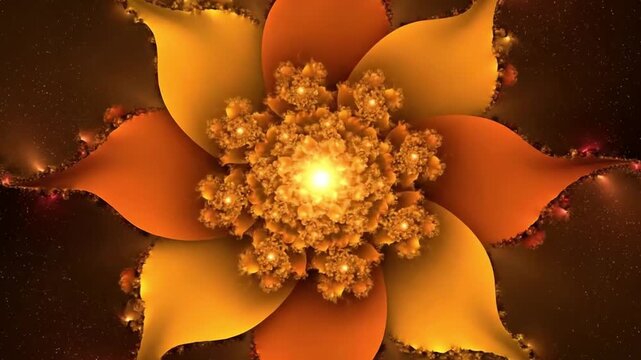 Golden fractal flower blooms upward, radiating light and intricate details. It is representing complex geometry, growth, digital art, mathematical form