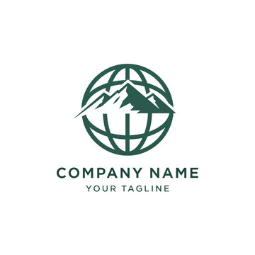 A logo design featuring a stylized mountain range within a globe grid, presented in a single dark green color on a white background.