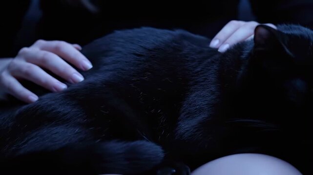 Woman hands gently stroking the sleek black fur of a cat.