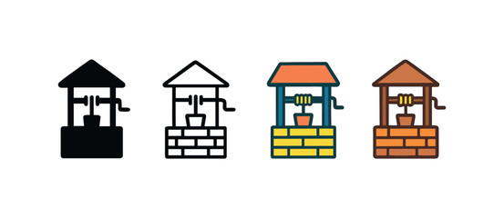 Fototapeta premium Vector icon water well four styles black solid glyph outline minimal flat multicolor filled cartoon flat shaded.