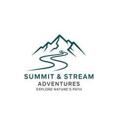 A stylized mountain peak with a winding river flowing from its base, accompanied by text for 