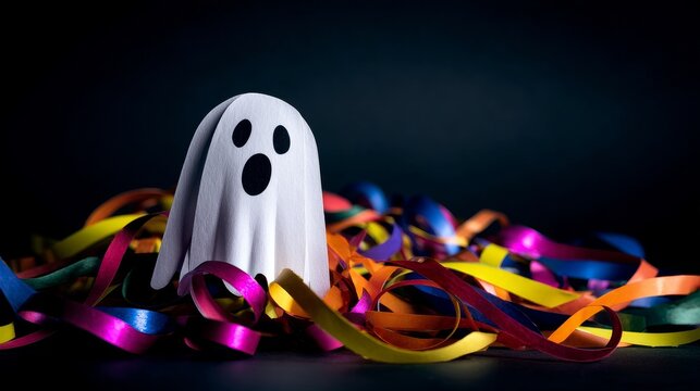 Hand-painted paper ghost with startled expression above colorful metallic streamers on black background. Halloween theme with spooky yet playful vibe for seasonal content and party designs