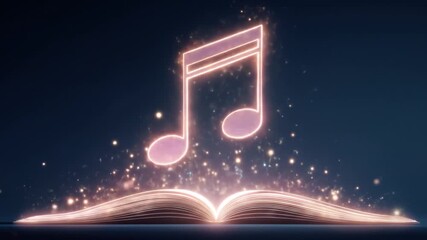 Glowing musical note above open book emitting particles and light effect