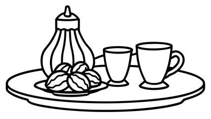 Still life drawing of a tray with a sugar bowl cookies and two cups in black and white outline style on transparent background silhouette