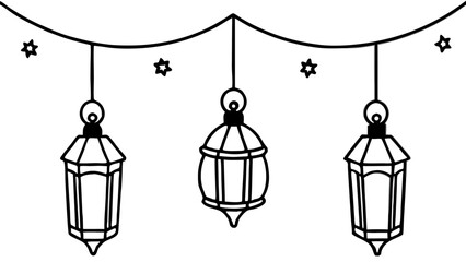 Hanging lanterns and stars decoration for ramadan celebrations in black and white outline style art on transparent background silhouette