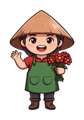 Cute Cartoon Farmer with Flowers Illustration png clear alpha channel cutout isolated on transparent background