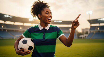 Young Woman Soccer Player Holding Ball on Field Pointing Enthusiastically.