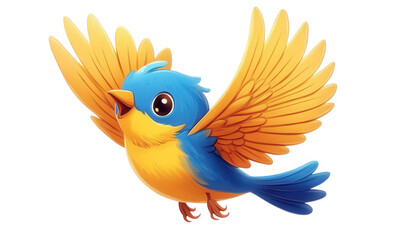 A charming cartoon bird with blue head and back, yellow chest and wings, isolated on transparent background, soaring through the air with its wings fully extended