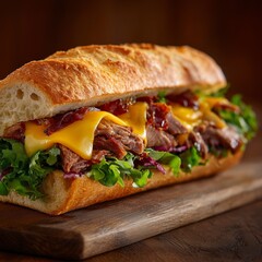 sandwich with cheddar, meat, and lettuce