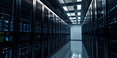 Rows of glowing server racks in a modern data center hallway with overhead lighting
