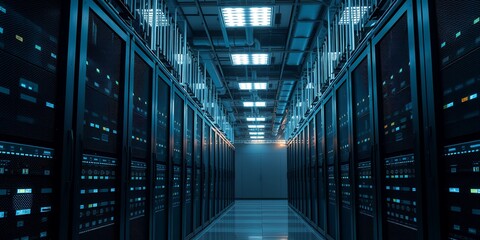 Rows of server racks in a modern data center with blue lighting and illuminated indicator lights