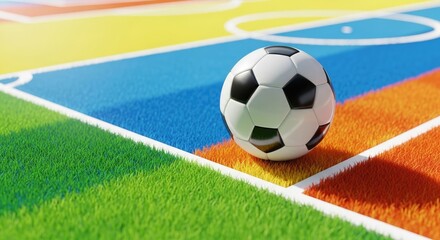 A soccer ball rests on a vibrant, multicolored field, its classic black and white pattern contrasting with the rainbow of green, orange, blue, and yellow hues beneath it, creating a playful scene