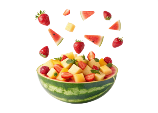 Fresh fruit salad with watermelon, pineapple, and strawberry floating in mid-air, isolated on transparent background - Powered by Adobe